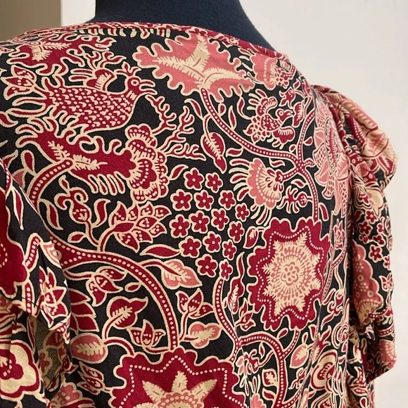 House of Harlow 1960 Jaipur Print Boho Abstract Floral Blouse Top Sz L Black Red - Picture 10 of 16